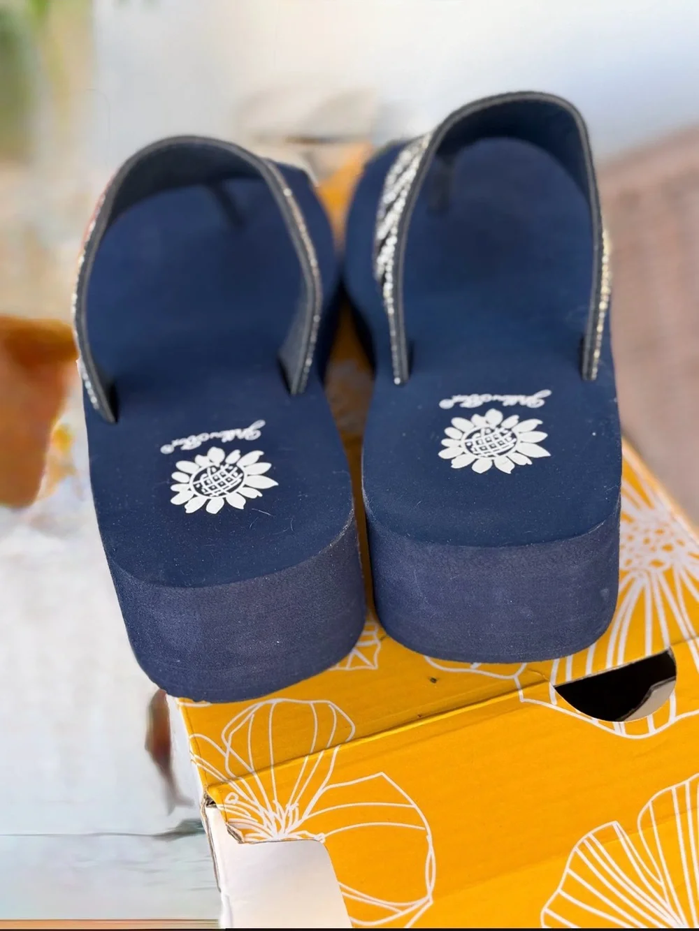 Yellow box Wedge Thong Sandals with Blue Crystal Embellishment - Ladies - Picture 2 of 3